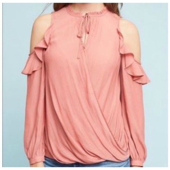 Anthropologie Liesel Maeve Cold Shoulder Ruffle Top blouse faux wrap L‎ orange - Picture 4 of 13